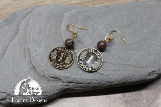 Iceland Coin Earrings.  Charm. Island pendant jewelry.  L8069