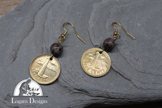 Barbados Five Cent Coin Earrings . Lighthouse Charm.