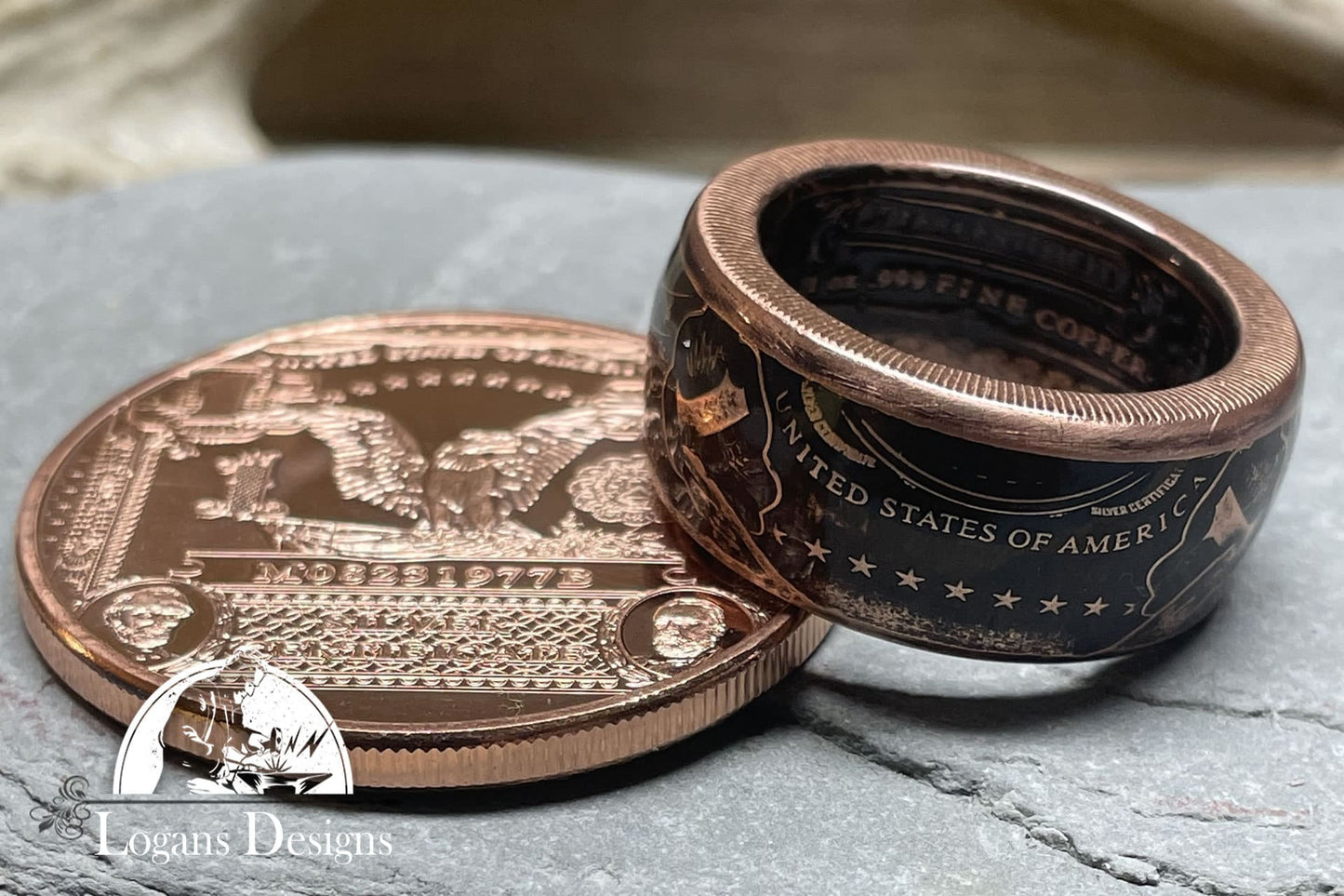 One Dollar Silver Certificate Coin Ring. Handcrafted 1 oz .999% copper. Size 8-14, Unique Copper Ring, Powder Coated