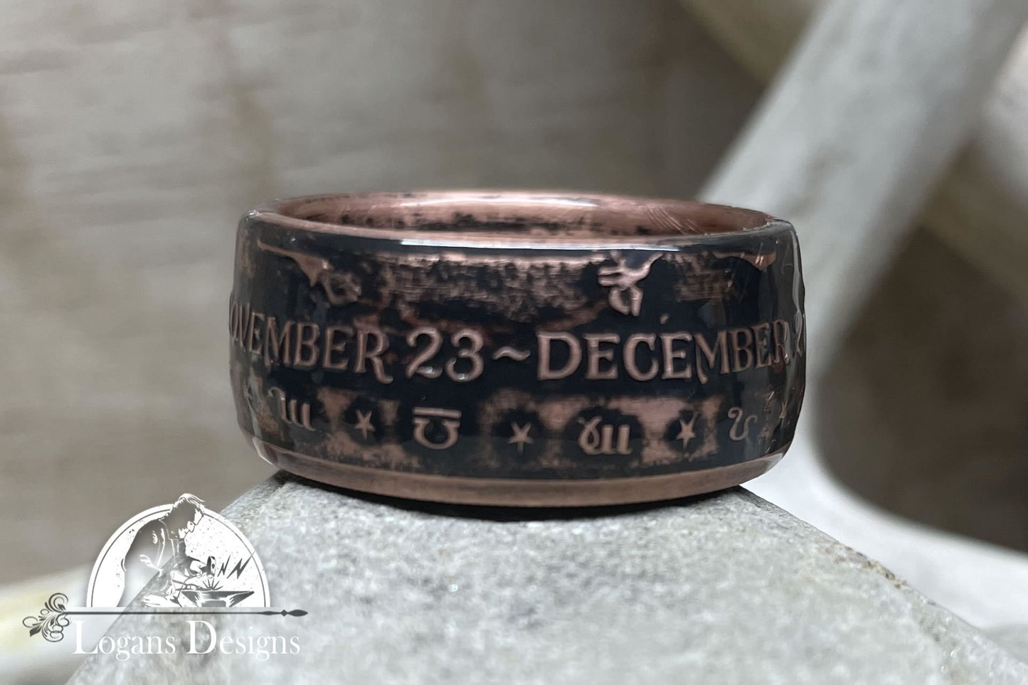 Sagittarius Coin Ring Handcrafted 1 Oz .999% Copper Size 8-14 Powder Coated Unique Copper ring.