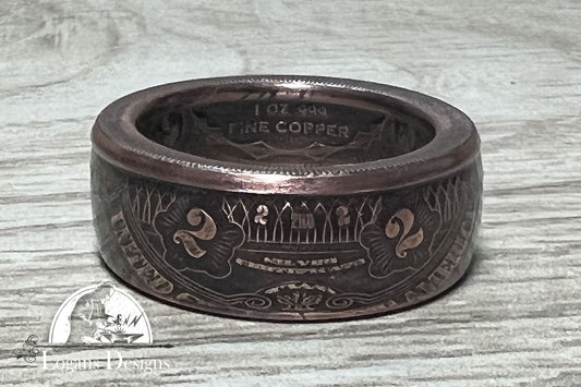 Two Dollar Certificate Coin Ring - Made from 1 AVDP ounce of .999 Pure Copper, Coin Ring Jewelry, Powder Coated Finish 8-14